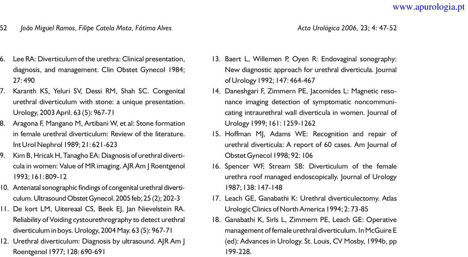 Aragona F, Mangano M, Artibani W, et al: Stone formation in female urethral diverticulum: Review of the literature. Int Urol Nephrol 1989; 21: 621-623 9.