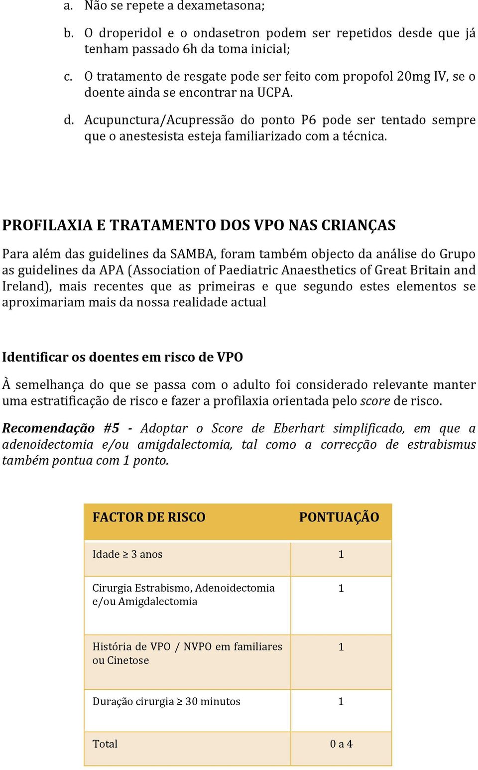 PROFILAXIA E TRATAMENTO DOS VPO NAS CRIANÇAS Para além das guidelines da SAMBA, foram também objecto da análise do Grupo as guidelines da APA (Association of Paediatric Anaesthetics of Great Britain