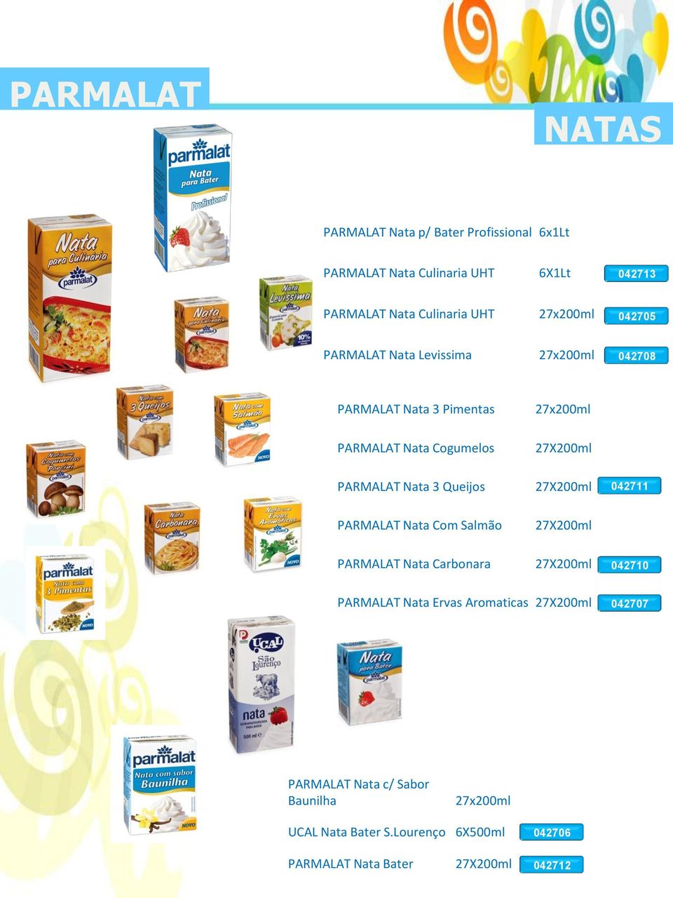 Nata 3 Queijos 27X200ml 042711 PARMALAT Nata Com Salmão 27X200ml PARMALAT Nata Carbonara 27X200ml 042710 PARMALAT Nata Ervas