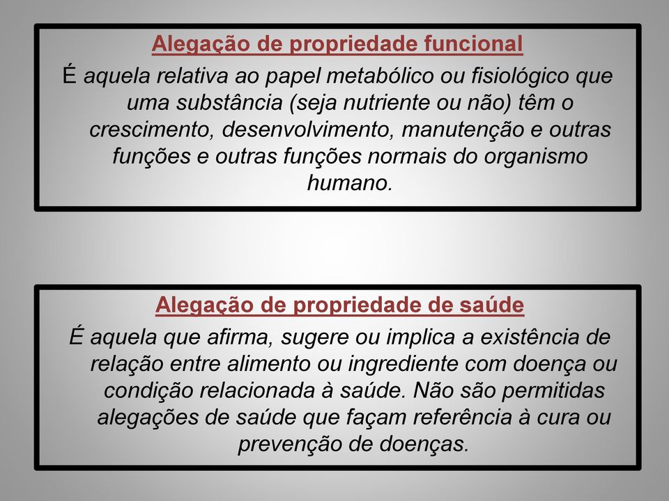 Alegação de propriedade de saúde É aquela que afirma, sugere ou implica a existência de relação entre alimento ou