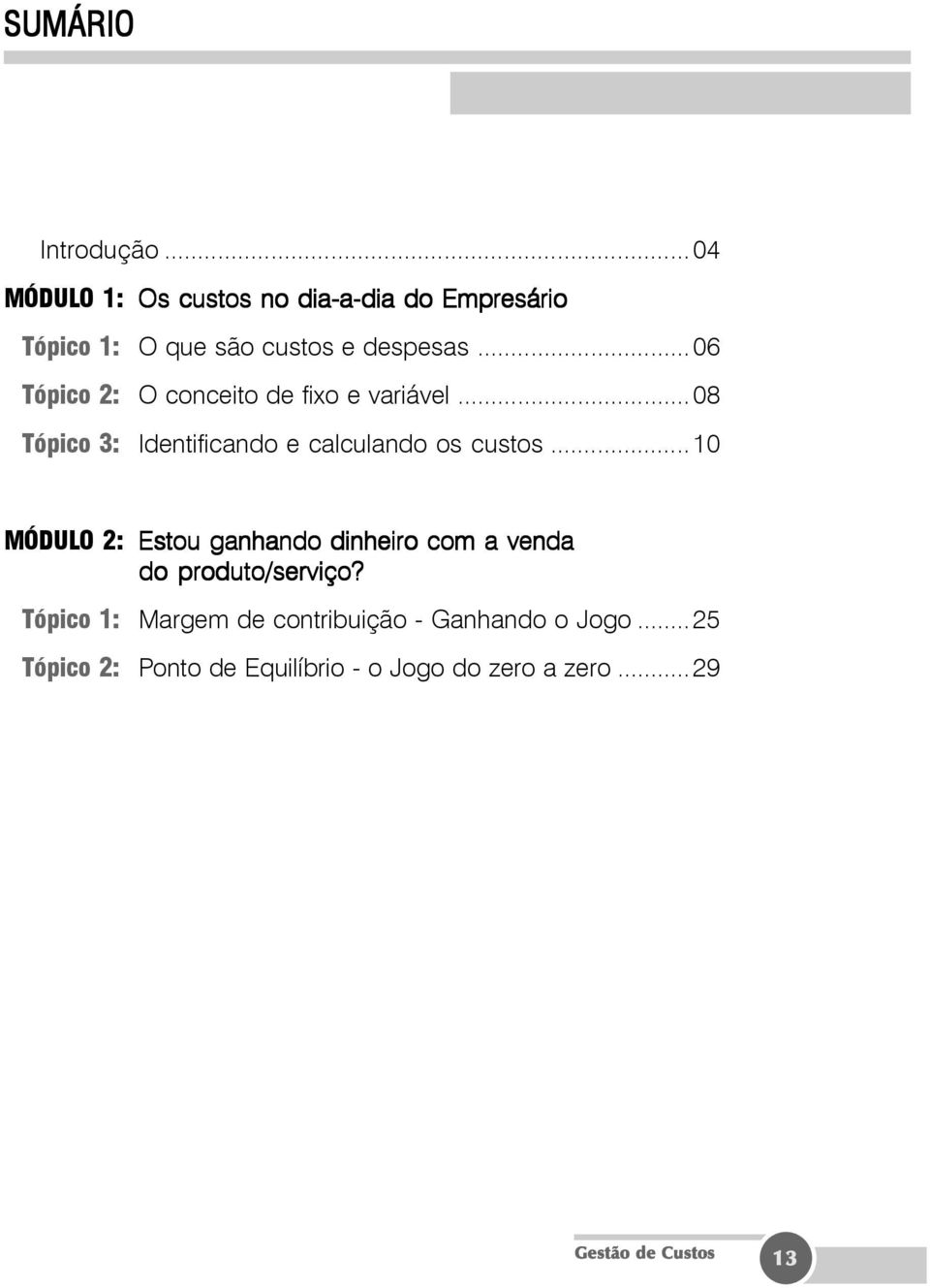 ..06 Tópico 2: O conceito de fixo e variável...08 Tópico 3: Identificando e calculando os custos.