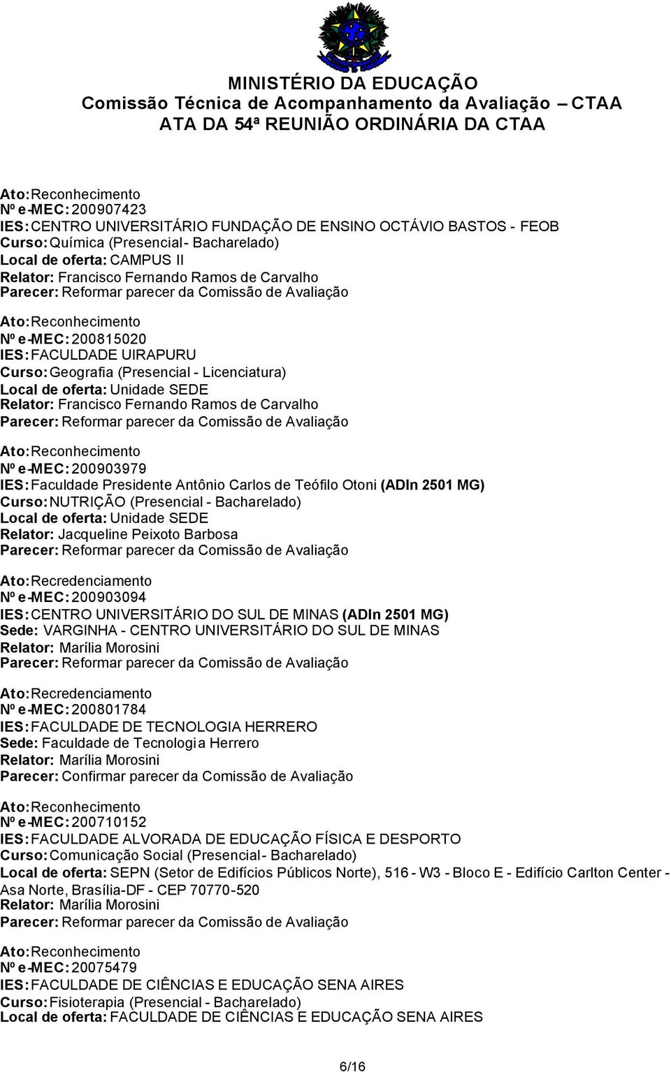 Licenciatura) Relator: Francisco Fernando Ramos de Carvalho Nº e-mec: 200903979 IES: Faculdade Presidente Antônio Carlos de Teófilo Otoni (ADIn 2501 MG) Curso: NUTRIÇÃO (Presencial - Bacharelado)