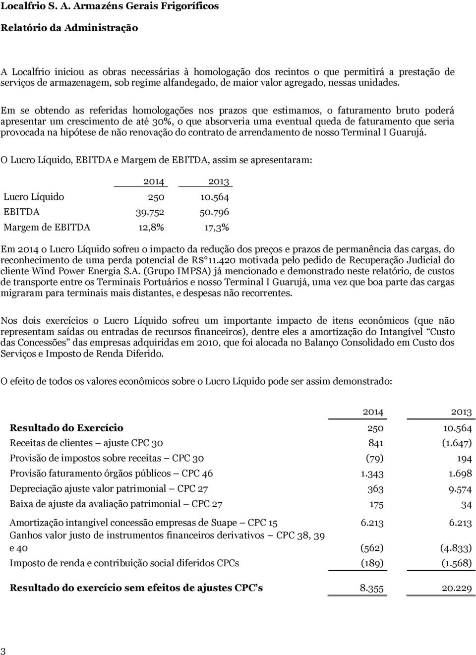 provocada na hipótese de não renovação do contrato de arrendamento de nosso Terminal I Guarujá. O Lucro Líquido, EBITDA e Margem de EBITDA, assim se apresentaram: 2014 2013 Lucro Líquido 250 10.