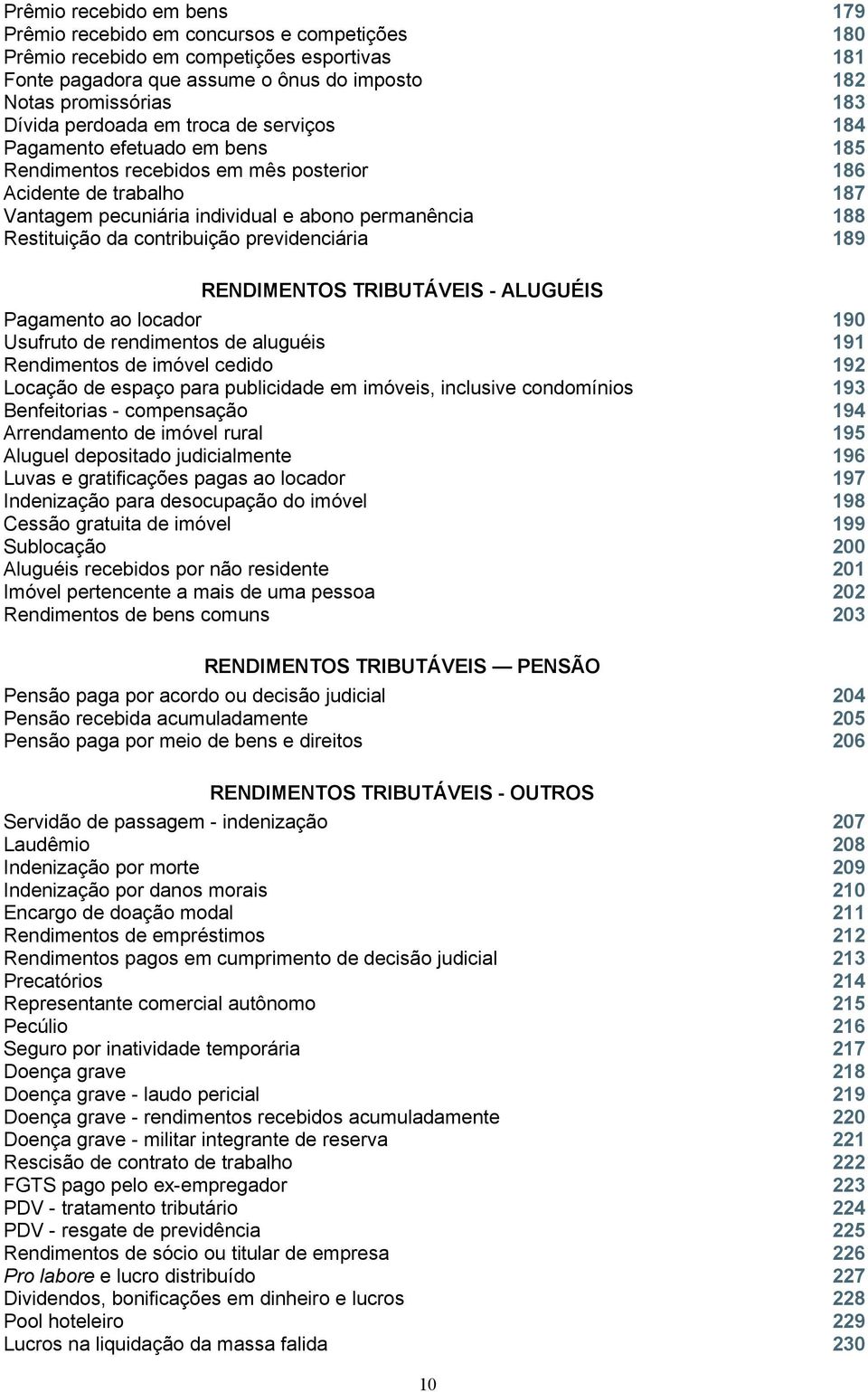 da contribuição previdenciária 189 RENDIMENTOS TRIBUTÁVEIS - ALUGUÉIS Pagamento ao locador 190 Usufruto de rendimentos de aluguéis 191 Rendimentos de imóvel cedido 192 Locação de espaço para