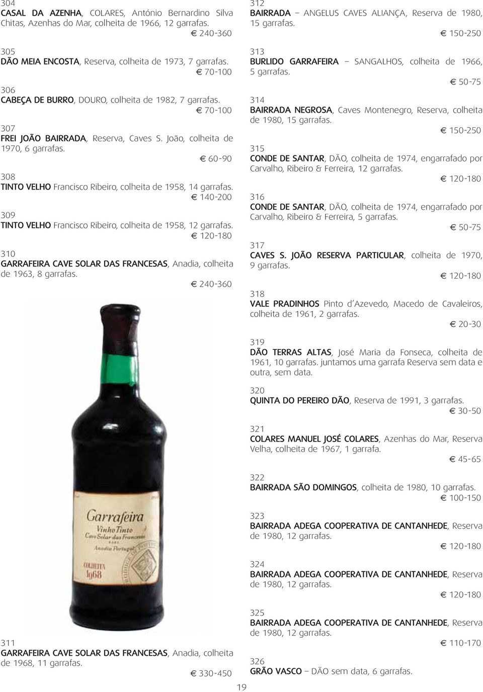 João, colheita de 1970, 308 TINTO VELHO Francisco Ribeiro, colheita de 1958, 14 garrafas.