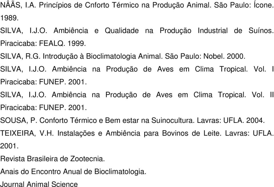 SILVA, I.J.O. Ambiência na Produção de Aves em Clima Tropical. Vol. II Piracicaba: FUNEP. 2001. SOUSA, P. Conforto Térmico e Bem estar na Suinocultura. Lavras: UFLA. 2004.