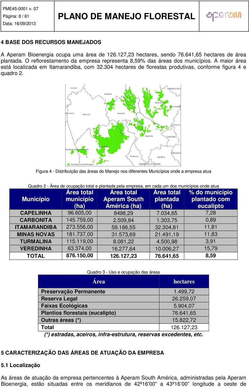 Figura 4 - Distribuição das áreas do Manejo nos diferentes Municípios onde a empresa atua Quadro 2 - Área de ocupação total e plantada pela empresa, em cada um dos municípios onde atua Município Área