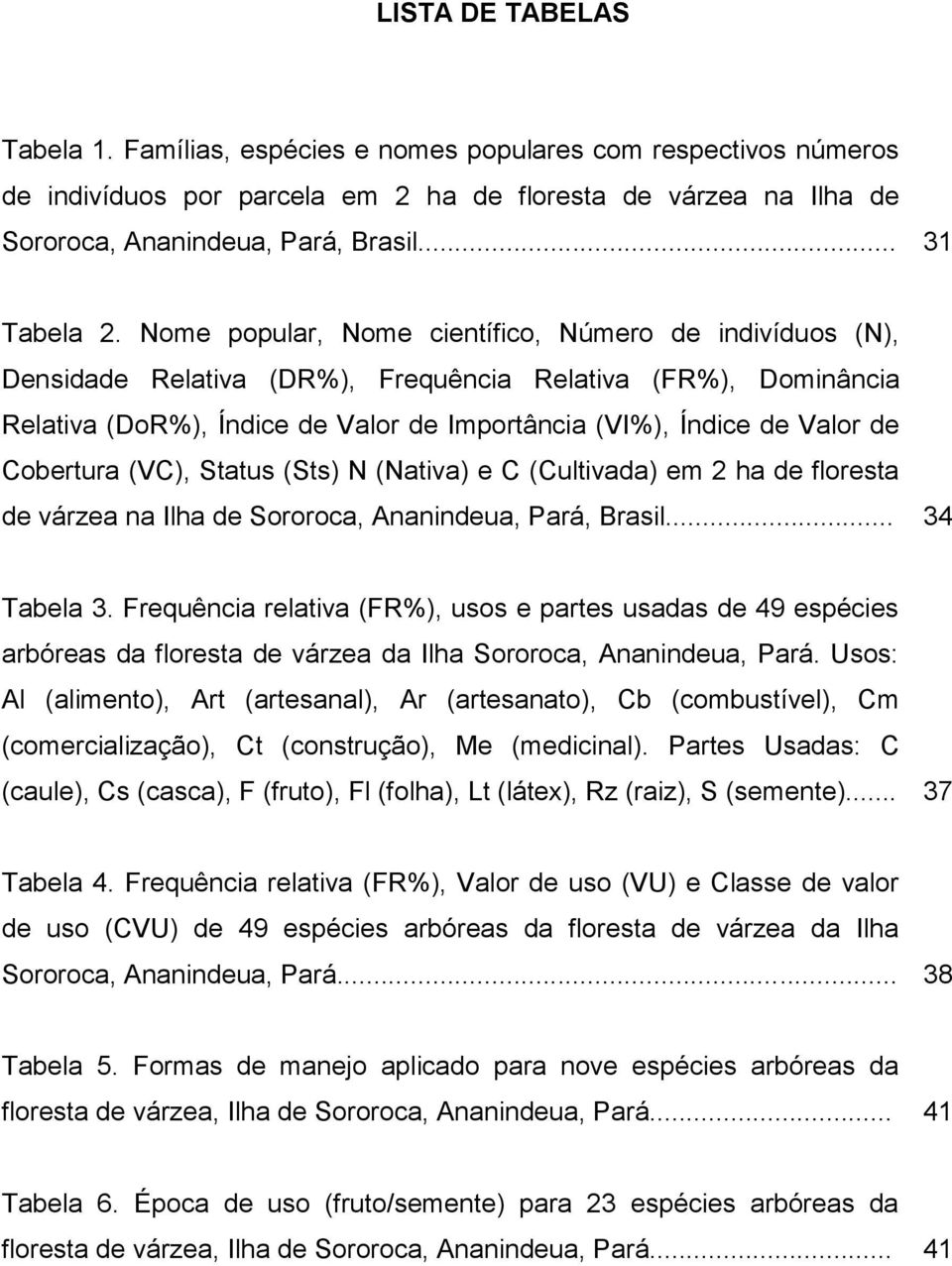 Nome popular, Nome científico, Número de indivíduos (N), Densidade Relativa (DR%), Frequência Relativa (FR%), Dominância Relativa (DoR%), Índice de Valor de Importância (VI%), Índice de Valor de