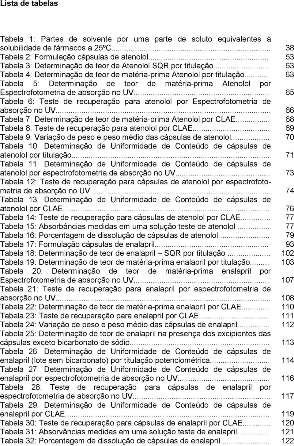 .. Tabela 5: Determinação de teor de matéria-prima Atenolol por Espectrofotometria de absorção no UV... Tabela 6: Teste de recuperação para atenolol por Espectrofotometria de absorção no UV.