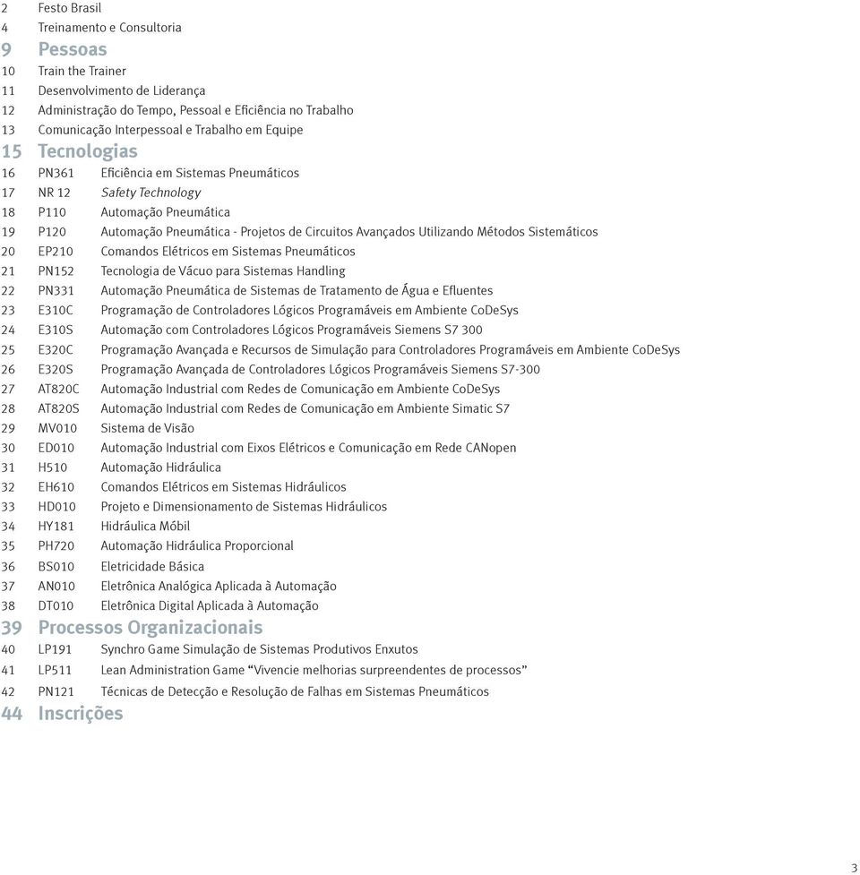 Elétricos em Sistemas Pneumáticos PN Tecnologia de Vácuo para Sistemas Handling PN Automação Pneumática de Sistemas de Tratamento de Água e Efluentes E0C Programação de Controladores Lógicos