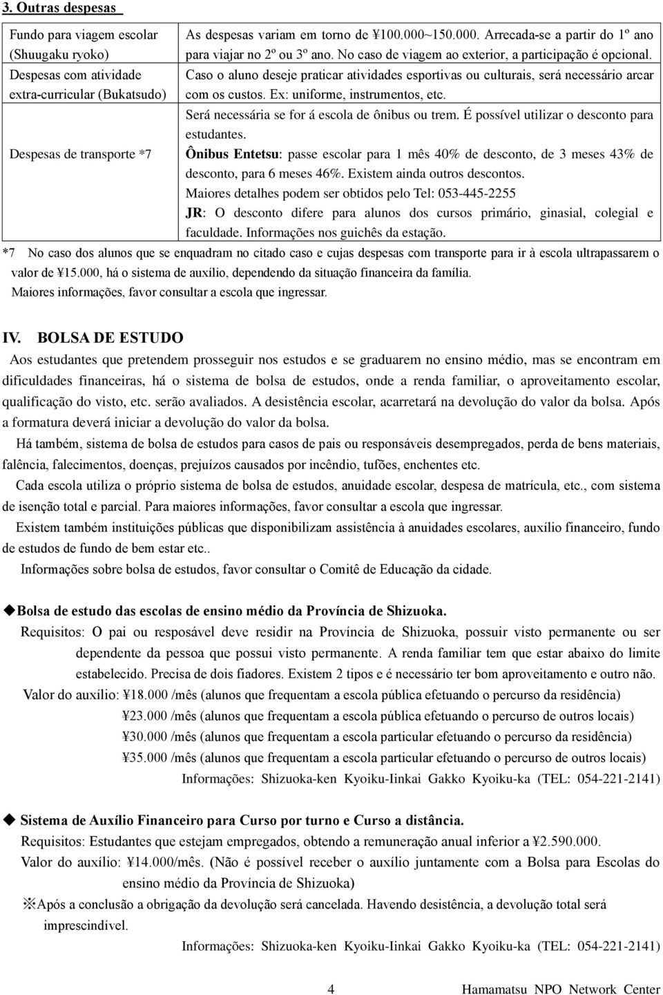 Caso o aluno deseje praticar atividades esportivas ou culturais, será necessário arcar com os custos. Ex: uniforme, instrumentos, etc. Será necessária se for á escola de ônibus ou trem.