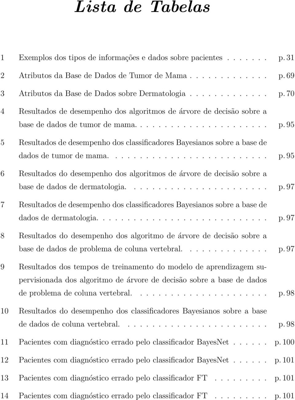 ......................... p. 95 6 Resultados do desempenho dos algoritmos de árvore de decisão sobre a base de dados de dermatologia....................... p. 97 7 Resultados de desempenho dos classificadores Bayesianos sobre a base de dados de dermatologia.