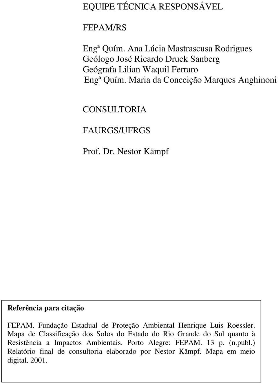 Maria da Conceição Marques Anghinoni CONSULTORIA FAURGS/UFRGS Prof. Dr. Nestor Kämpf Referência para citação FEPAM.