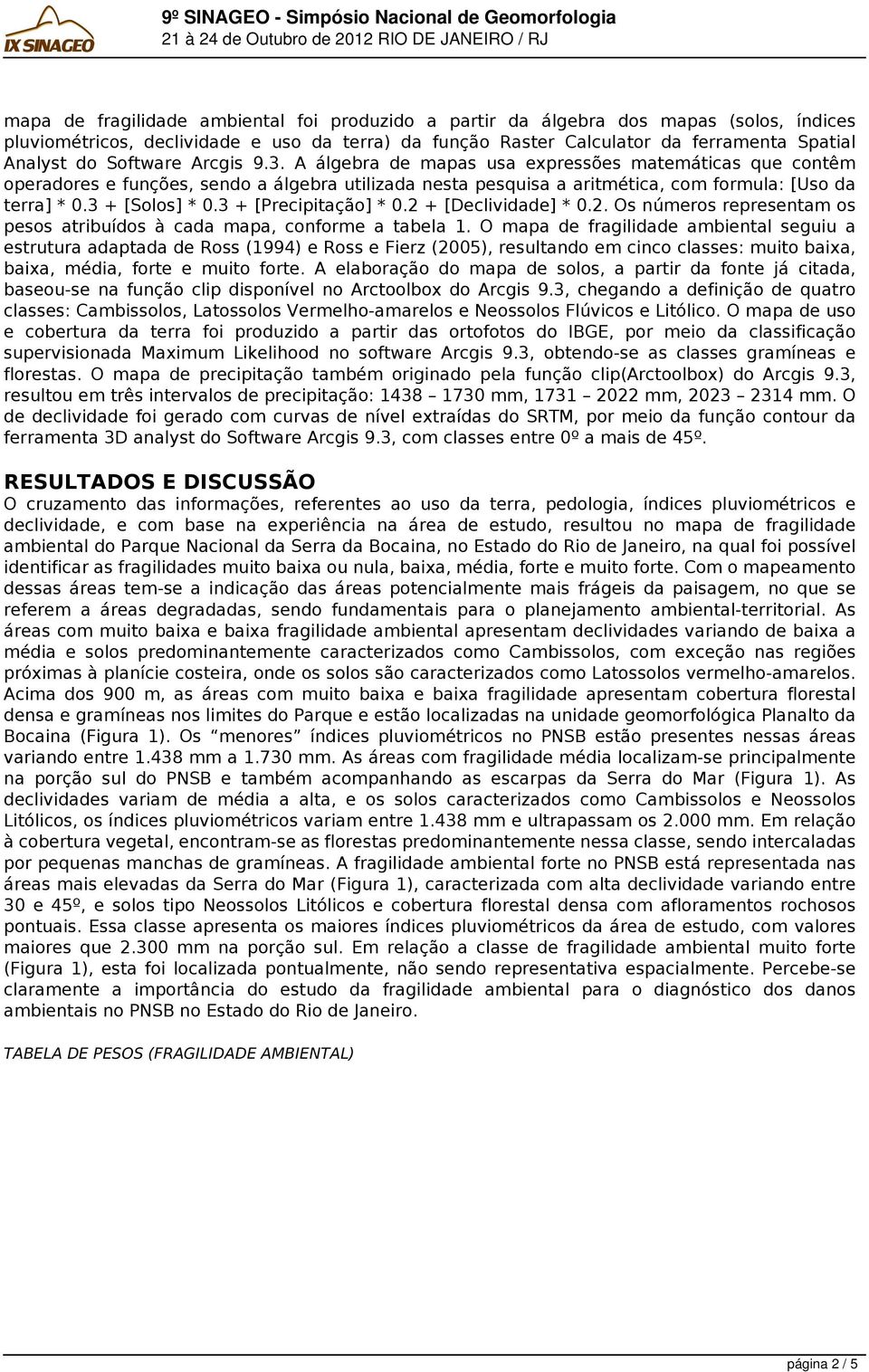 3 + [Solos] * 0.3 + [Precipitação] * 0.2 + [Declividade] * 0.2. Os números representam os pesos atribuídos à cada mapa, conforme a tabela 1.