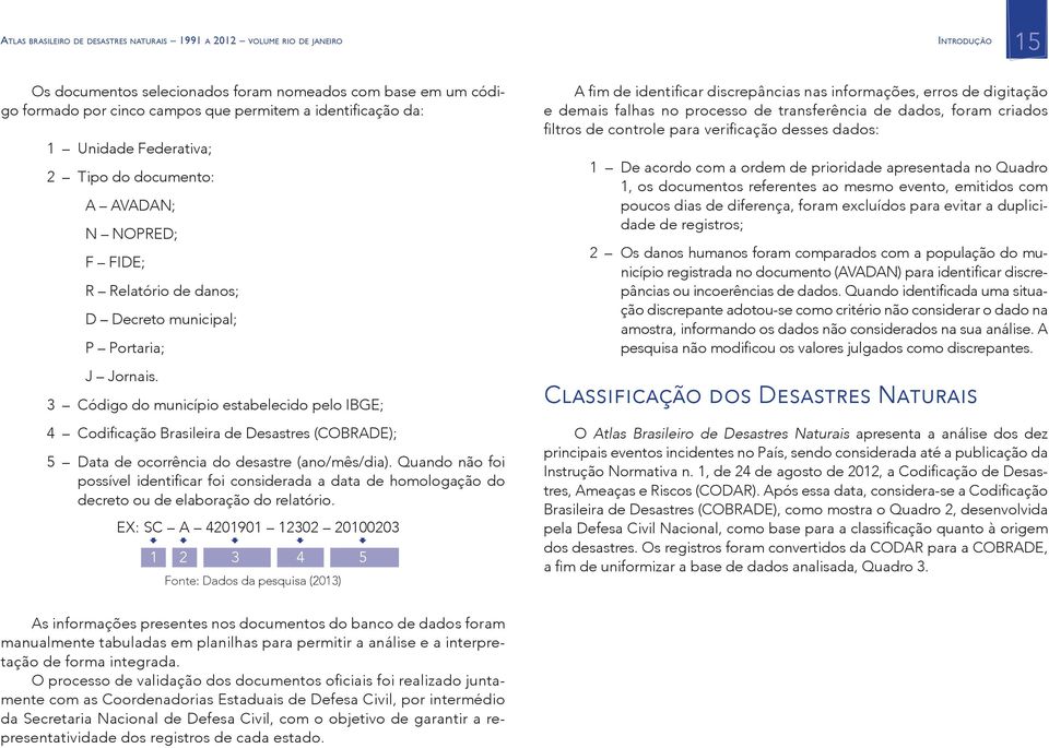 3 Código do município estabelecido pelo IBGE; 4 Codificação Brasileira de Desastres (COBRADE); 5 Data de ocorrência do desastre (ano/mês/dia).