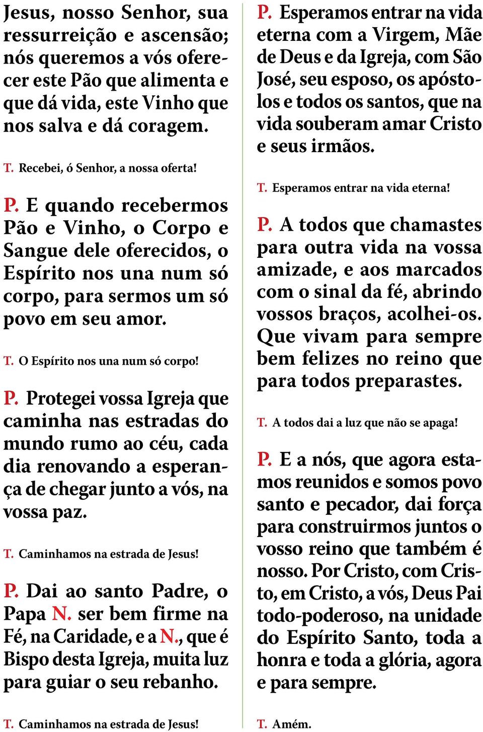 E quando recebermos Pão e Vinho, o Corpo e Sangue dele oferecidos, o Espírito nos una num só corpo, para sermos um só povo em seu amor. T. O Espírito nos una num só corpo! P. Protegei vossa Igreja que caminha nas estradas do mundo rumo ao céu, cada dia renovando a esperança de chegar junto a vós, na vossa paz.