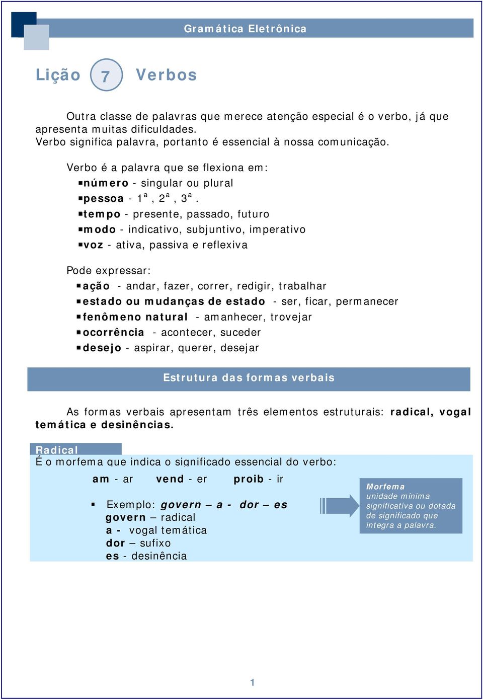 tempo - presente, passado, futuro modo - indicativo, subjuntivo, imperativo voz - ativa, passiva e reflexiva Pode expressar: ação - andar, fazer, correr, redigir, trabalhar estado ou mudanças de