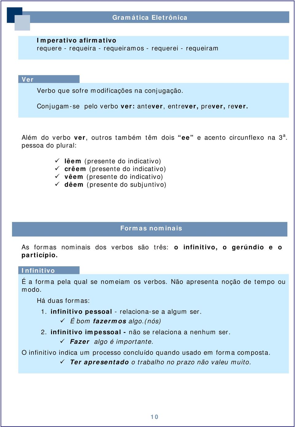 pessoa do plural: lêem (presente do indicativo) crêem (presente do indicativo) vêem (presente do indicativo) dêem (presente do subjuntivo) Formas nominais As formas nominais dos verbos são três: o