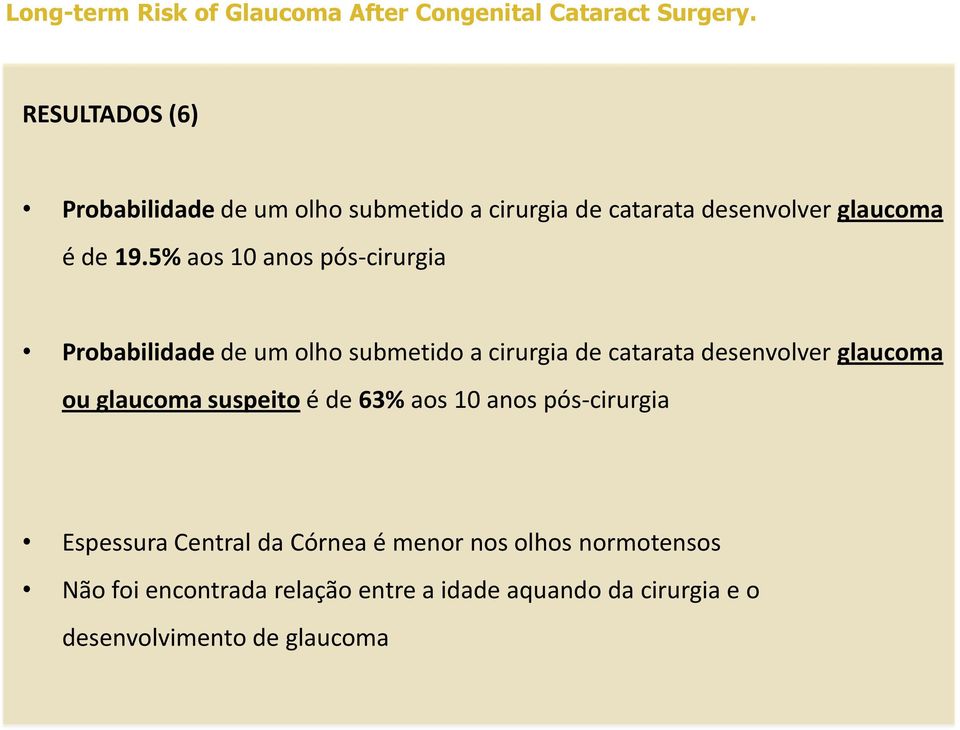 glaucoma ou glaucoma suspeito é de 63% aos 10 anos pós-cirurgia Espessura Central da Córnea é menor nos