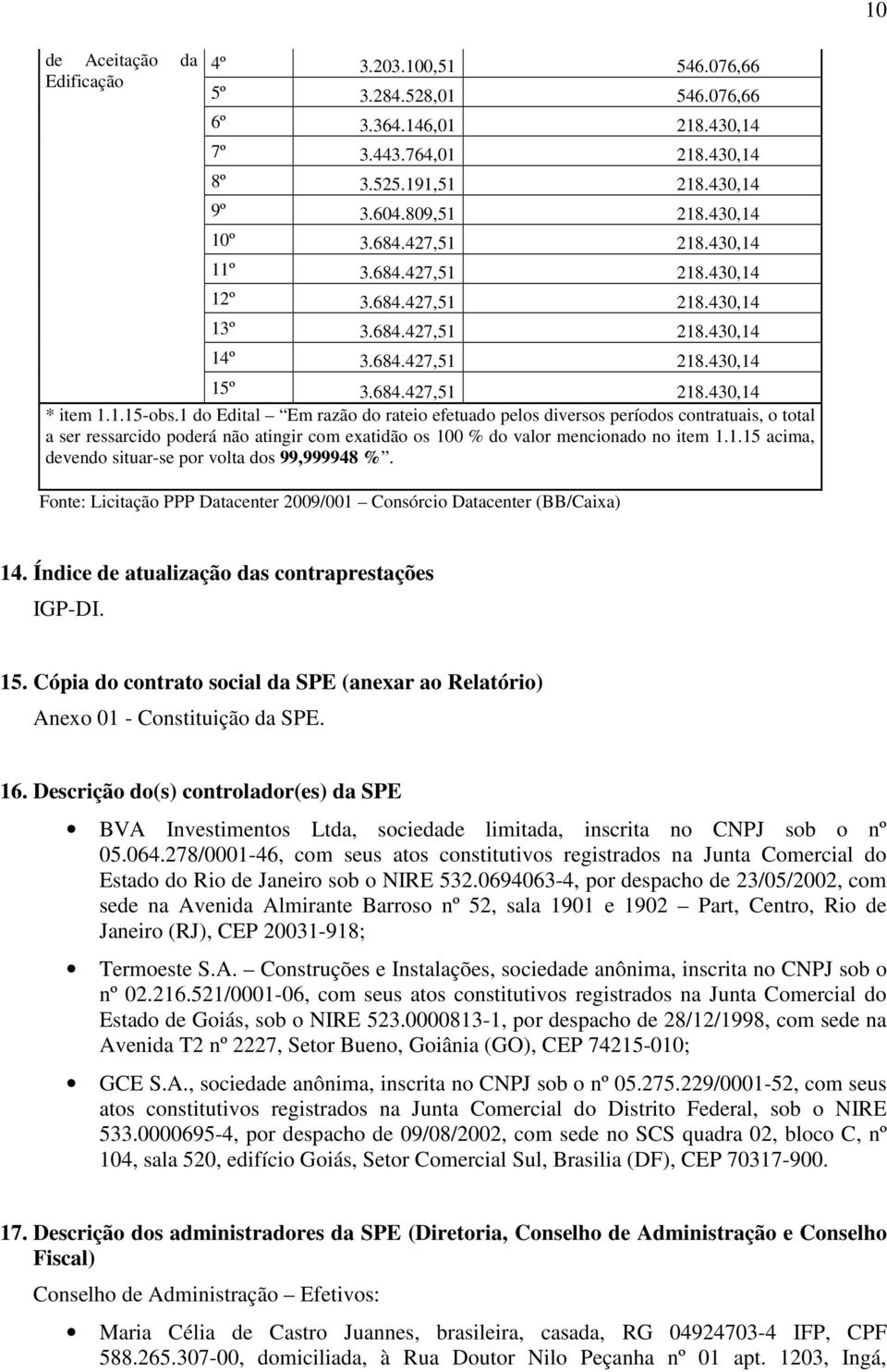 1 do Edital Em razão do rateio efetuado pelos diversos períodos contratuais, o total a ser ressarcido poderá não atingir com exatidão os 100 % do valor mencionado no item 1.1.15 acima, devendo situar-se por volta dos 99,999948 %.