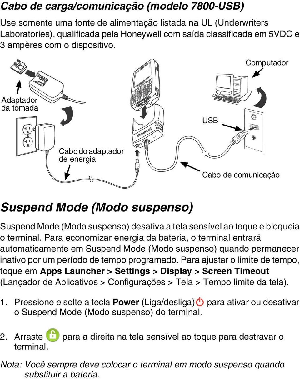 Computador Adaptador da tomada USB Cabo do adaptador de energia Cabo de comunicação Suspend Mode (Modo suspenso) Suspend Mode (Modo suspenso) desativa a tela sensível ao toque e bloqueia o terminal.
