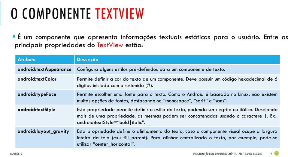 android:textcolor Permite definir a cor do texto de um componente. Deve possuir um código hexadecimal de 6 dígitos iniciado com o sustenido (#).