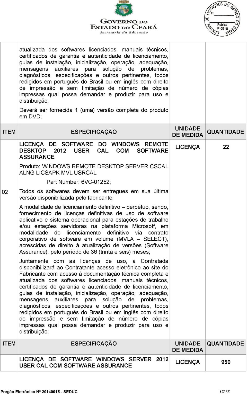 qual possa demandar e produzir para uso e distribuição; Deverá ser fornecida 1 (uma) versão completa do produto em DVD; ITEM 02 ESPECIFICAÇÃO LICENÇA DE SOFTWARE DO WINDOWS REMOTE DESKTOP 2012 USER