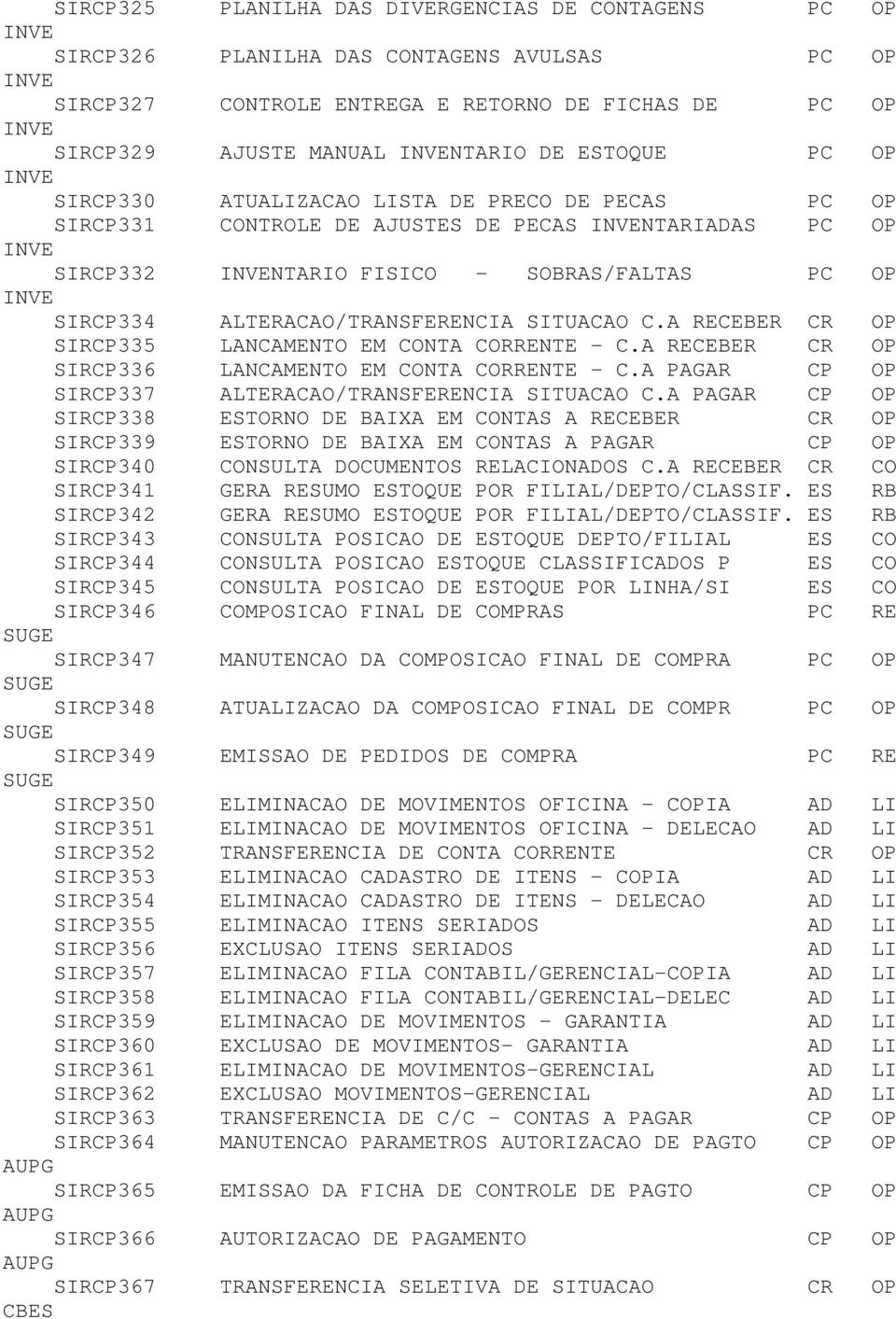 A RECEBER CR OP SIRCP335 LANCAMENTO EM CONTA CORRENTE - C.A RECEBER CR OP SIRCP336 LANCAMENTO EM CONTA CORRENTE - C.A PAGAR CP OP SIRCP337 ALTERACAO/TRANSFERENCIA SITUACAO C.