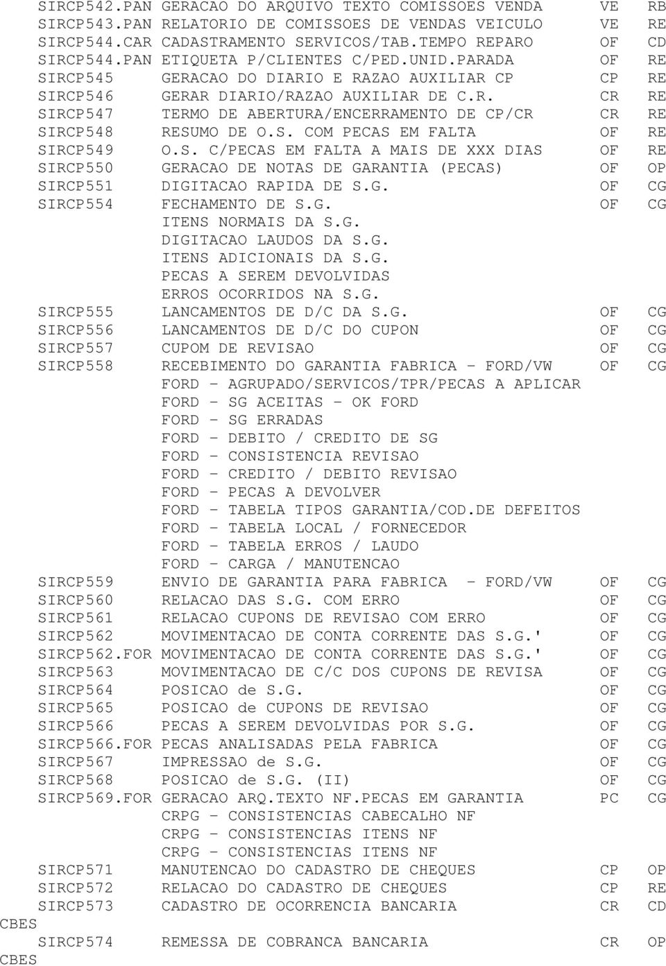 S. COM PECAS EM FALTA OF RE SIRCP549 O.S. C/PECAS EM FALTA A MAIS DE XXX DIAS OF RE SIRCP550 GERACAO DE NOTAS DE GARANTIA (PECAS) OF OP SIRCP551 DIGITACAO RAPIDA DE S.G. OF CG SIRCP554 FECHAMENTO DE S.