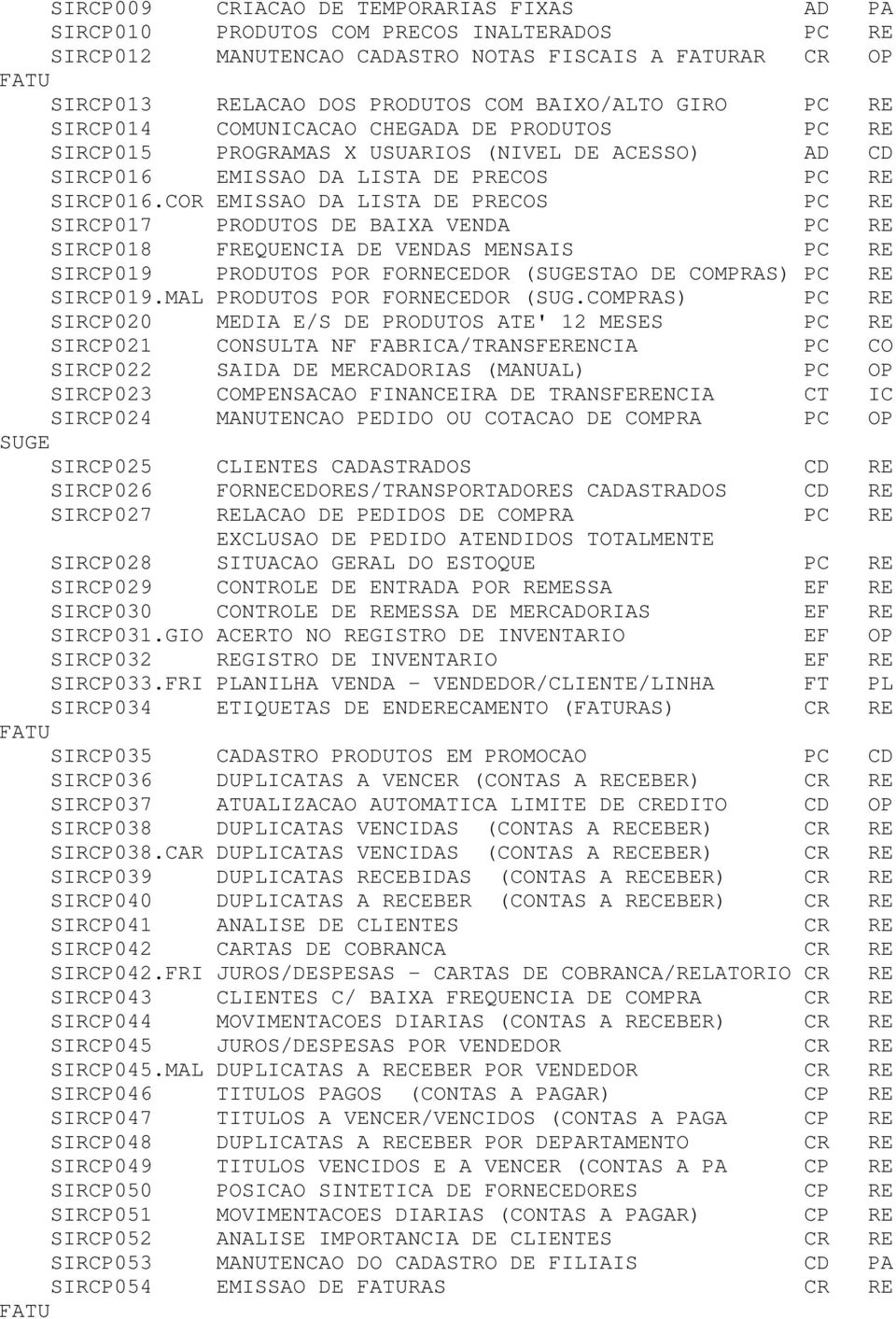 COR EMISSAO DA LISTA DE PRECOS PC RE SIRCP017 PRODUTOS DE BAIXA VENDA PC RE SIRCP018 FREQUENCIA DE VENDAS MENSAIS PC RE SIRCP019 PRODUTOS POR FORNECEDOR (SUGESTAO DE COMPRAS) PC RE SIRCP019.