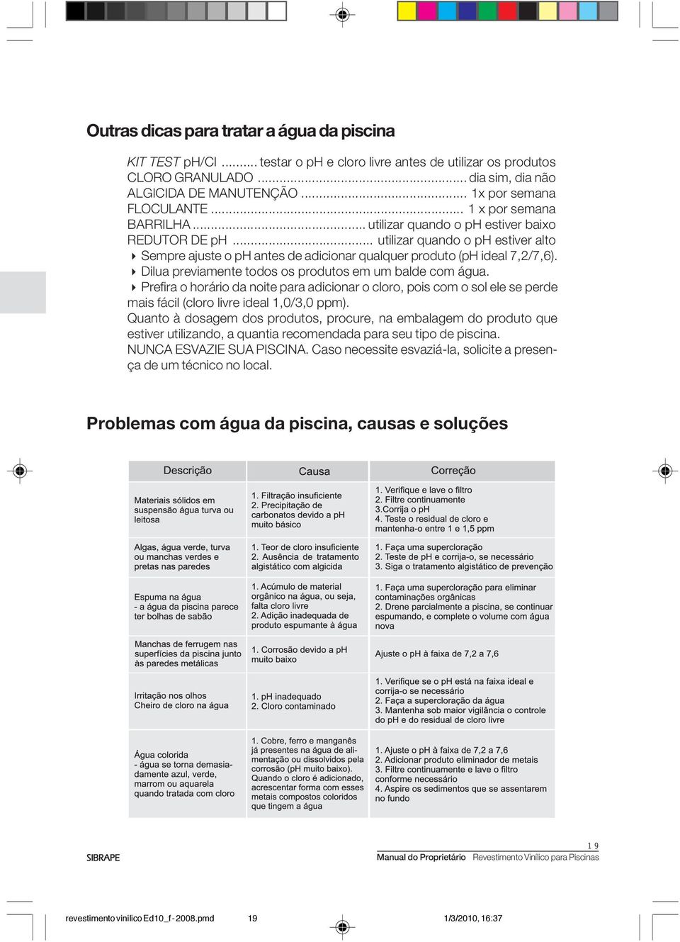 .. utilizar quando o ph estiver alto 8Sempre ajuste o ph antes de adicionar qualquer produto (ph ideal 7,2/7,6). 8Dilua previamente todos os produtos em um balde com água.