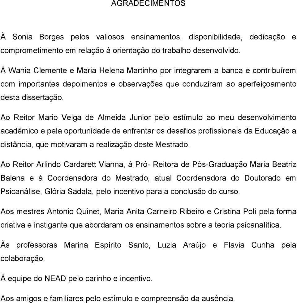 Ao Reitor Mario Veiga de Almeida Junior pelo estímulo ao meu desenvolvimento acadêmico e pela oportunidade de enfrentar os desafios profissionais da Educação a distância, que motivaram a realização