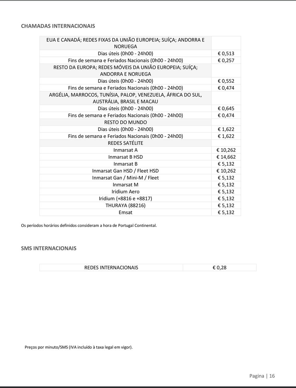 SUL, AUSTRÁLIA, BRASIL E MACAU Dias úteis (0h00-24h00) 0,645 Fins de semana e Feriados Nacionais (0h00-24h00) 0,474 RESTO DO MUNDO Dias úteis (0h00-24h00) 1,622 Fins de semana e Feriados Nacionais