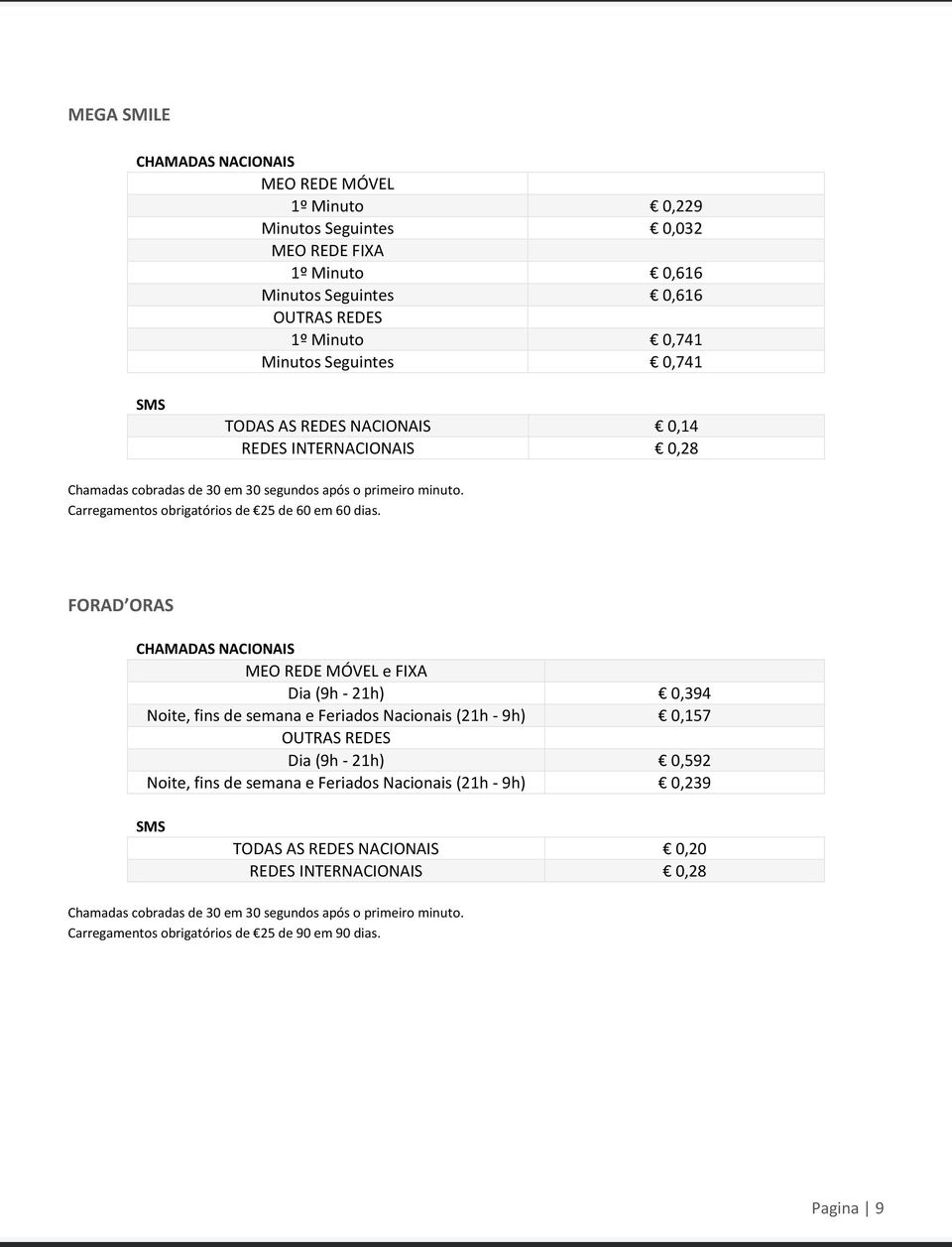 FORAD ORAS e FIXA Dia (9h - 21h) 0,394 Noite, fins de semana e Feriados Nacionais (21h - 9h) 0,157 Dia (9h - 21h) 0,592 Noite, fins de