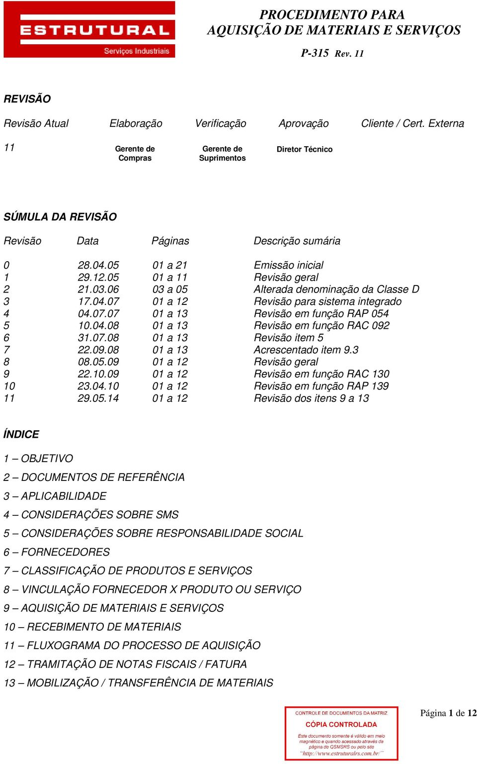 03.06 03 a 05 Alterada denominação da Classe D 3 17.04.07 01 a 12 Revisão para sistema integrado 4 04.07.07 01 a 13 Revisão em função RAP 054 5 10.04.08 01 a 13 Revisão em função RAC 092 6 31.07.08 01 a 13 Revisão item 5 7 22.