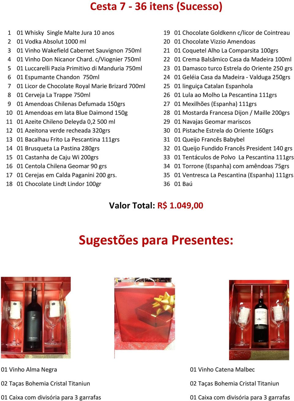 c/viognier 750ml 22 01 Crema Balsâmico Casa da Madeira 100ml 5 01 Luccarelli Pazia Primitivo di Manduria 750ml 23 01 Damasco turco Estrela do Oriente 250 grs 6 01 Espumante Chandon 750ml 24 01 Geléia