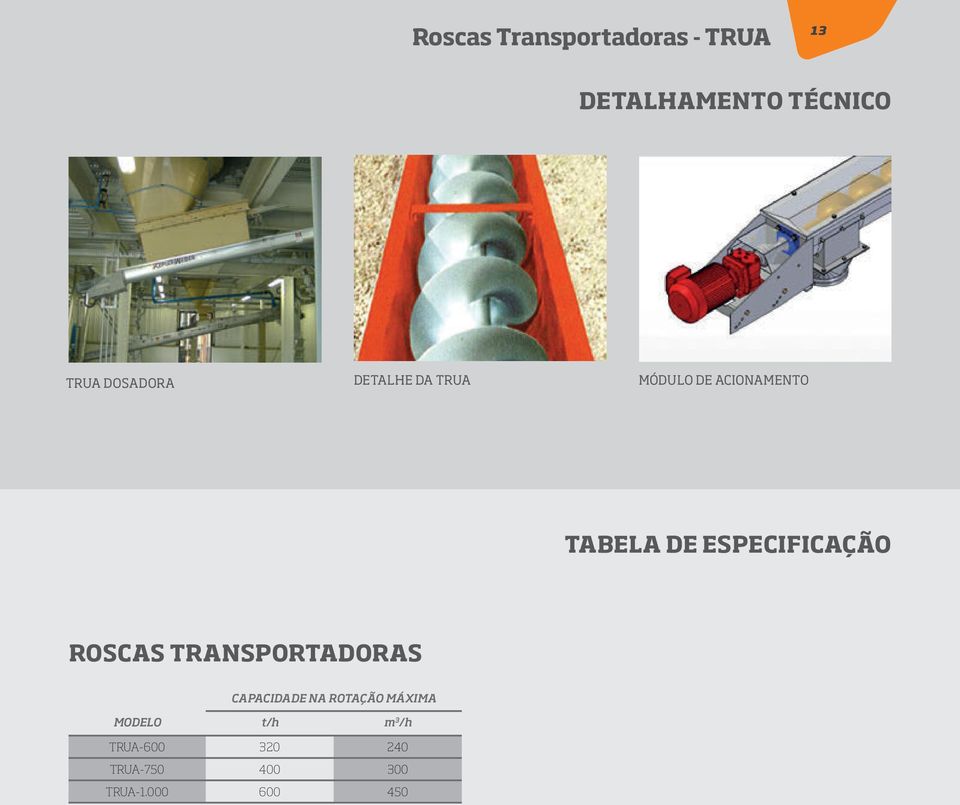 ESPECIFICAÇÃO ROSCAS TRANSPORTADORAS CAPACIDADE NA ROTAÇÃO