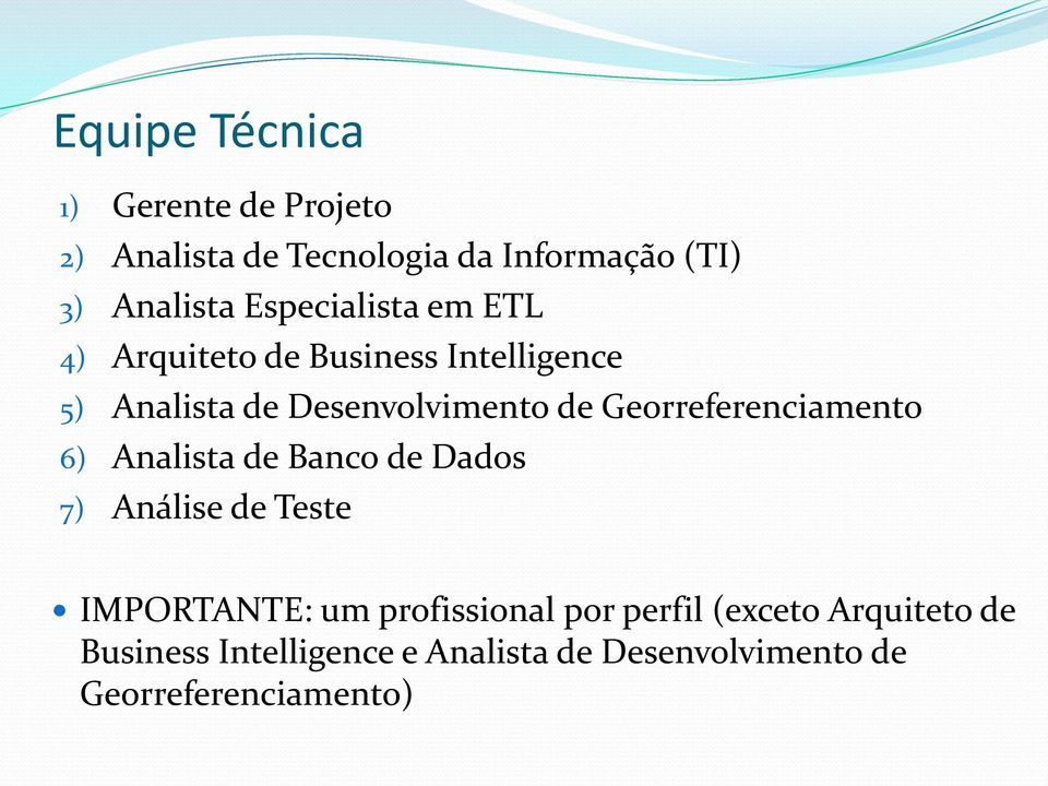 Georreferenciamento 6) Analista de Banco de Dados 7) Análise de Teste IMPORTANTE: um profissional