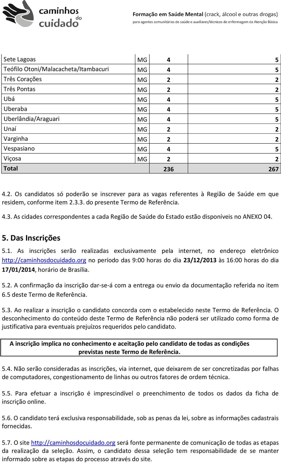 5. Das Inscrições 5.1. As inscrições serão realizadas exclusivamente pela internet, no endereço eletrônico http://caminhosdocuidado.