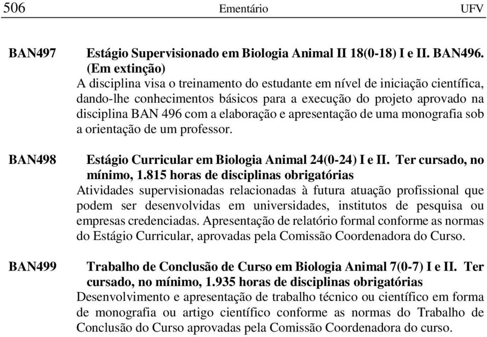 e apresentação de uma monografia sob a orientação de um professor. Estágio Curricular em Biologia Animal 24(0-24) I e II. Ter cursado, no mínimo, 1.