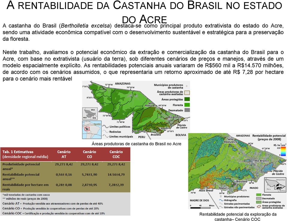 Neste trabalho, avaliamos o potencial econômico da extração e comercialização da castanha do Brasil para o Acre, com base no extrativista (usuário da terra), sob diferentes cenários de preços e