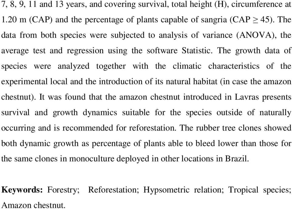The growth data of species were analyzed together with the climatic characteristics of the experimental local and the introduction of its natural habitat (in case the amazon chestnut).
