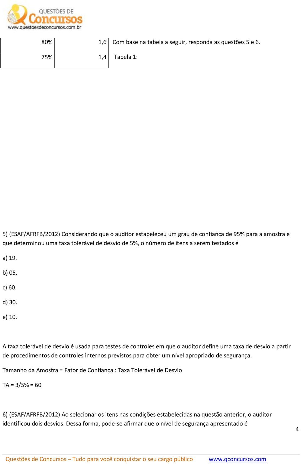 testados é a) 19. b) 05. c) 60. d) 30. e) 10.