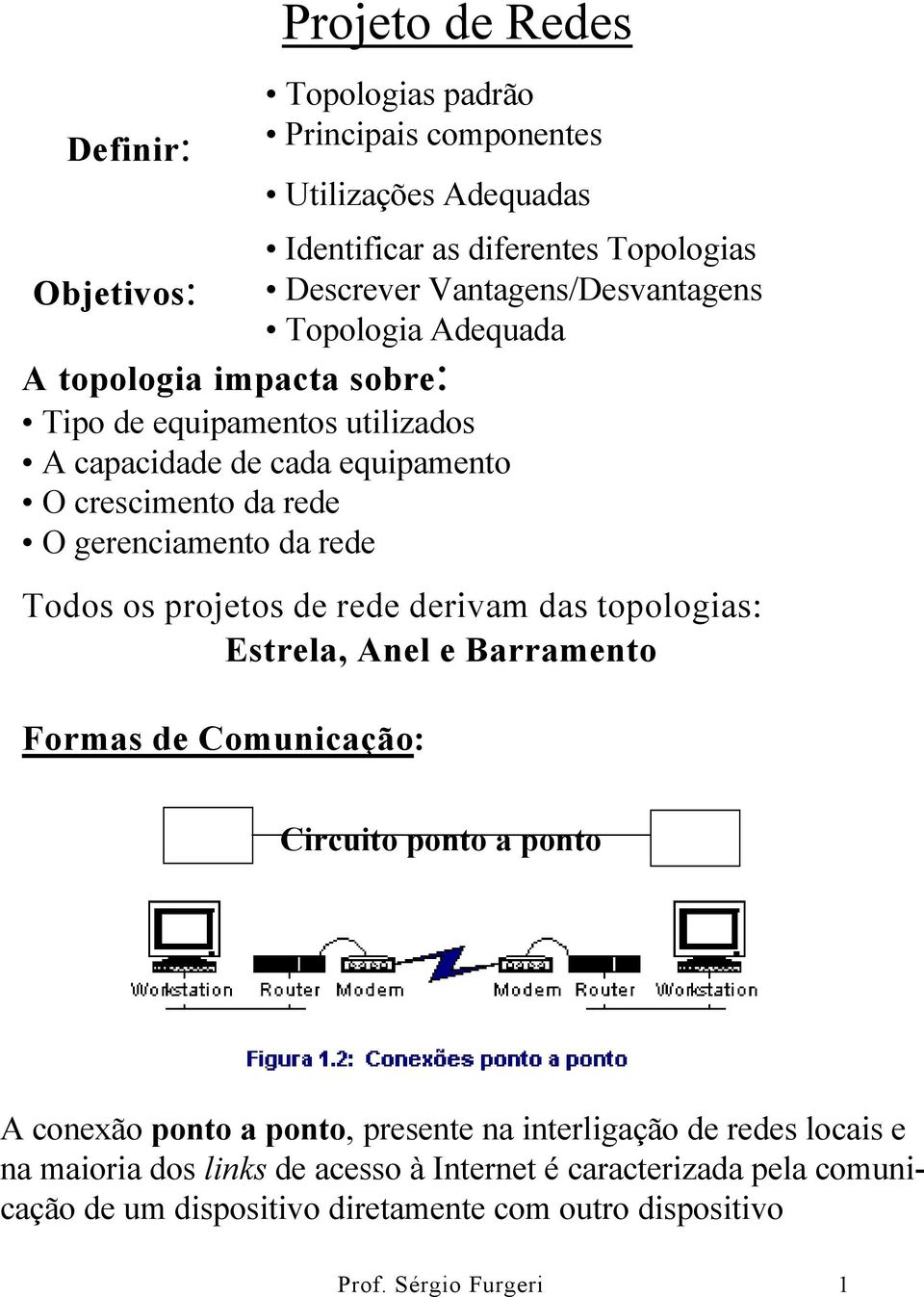 Formas de Comunicação: Projeto de Redes Topologias padrão Principais componentes Utilizações Adequadas Circuito ponto a ponto A conexão ponto a ponto, presente na