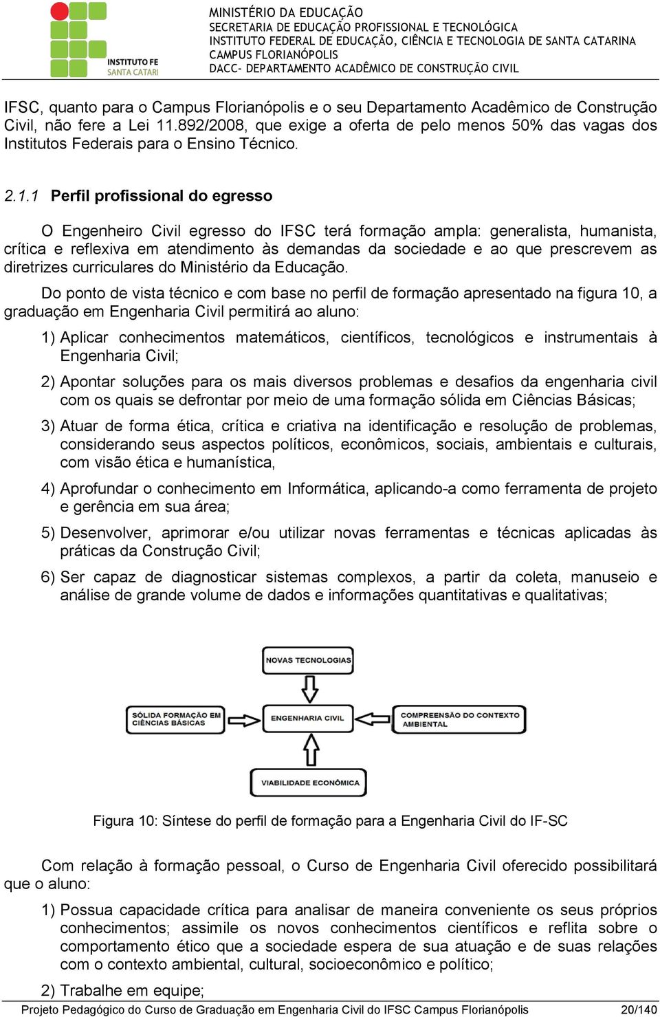 1 Perfil profissional do egresso O Engenheiro Civil egresso do IFSC terá formação ampla: generalista, humanista, crítica e reflexiva em atendimento às demandas da sociedade e ao que prescrevem as