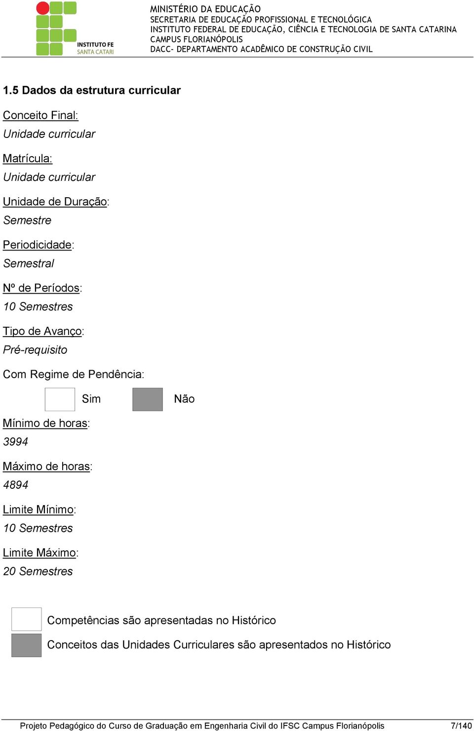 Não X Máximo de horas: 4894 Limite Mínimo: 10 Semestres Limite Máximo: 20 Semestres são apresentadas no Histórico Conceitos das