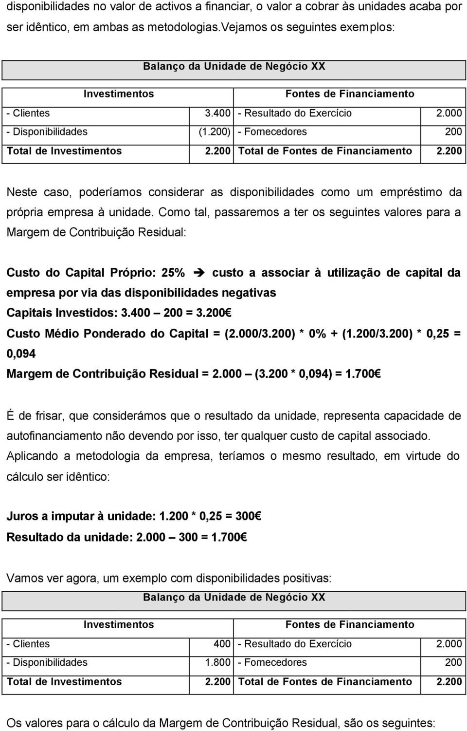 200) - Fornecedores 200 Total de Investimentos 2.200 Total de Fontes de Financiamento 2.200 Neste caso, poderíamos considerar as disponibilidades como um empréstimo da própria empresa à unidade.