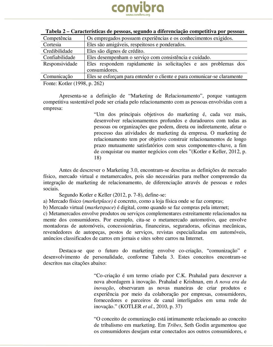 Responsividade Eles respondem rapidamente às solicitações e aos problemas dos consumidores. Comunicação Eles se esforçam para entender o cliente e para comunicar-se claramente Fonte: Kotler (1998, p.