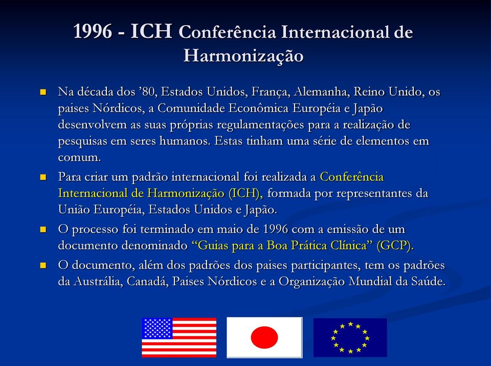 Para criar um padrão internacional foi realizada a Conferência Internacional de Harmonização (ICH), formada por representantes da União Européia, Estados Unidos e Japão.