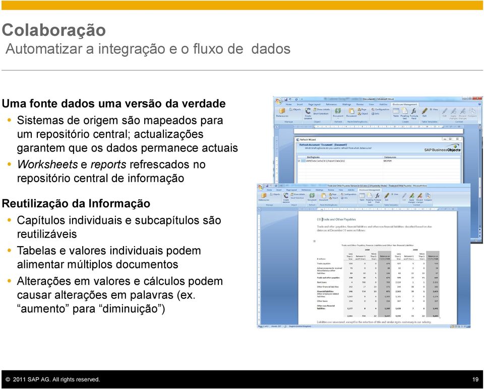 central de informação Reutilização da Informação Capítulos individuais e subcapítulos são reutilizáveis Tabelas e valores